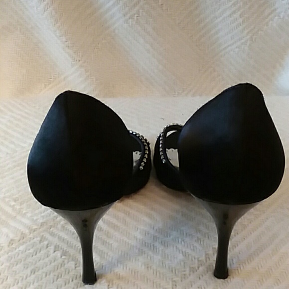 Misty black satin peep toe heels with rhin… - Picture 3 of 7